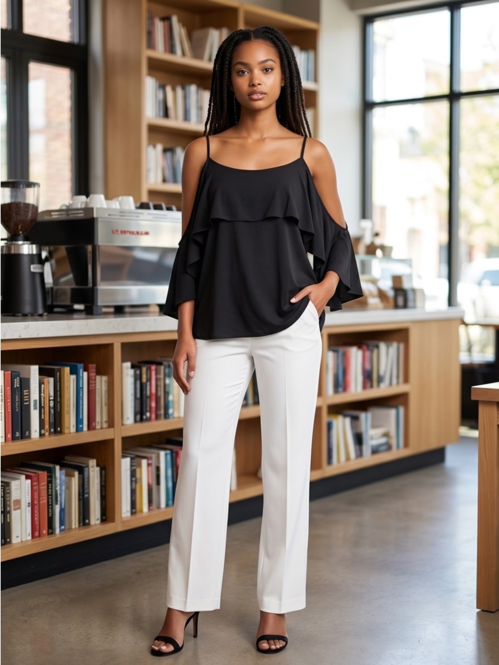 Brandy Melville Black Ruffle Cold-Shoulder Cami